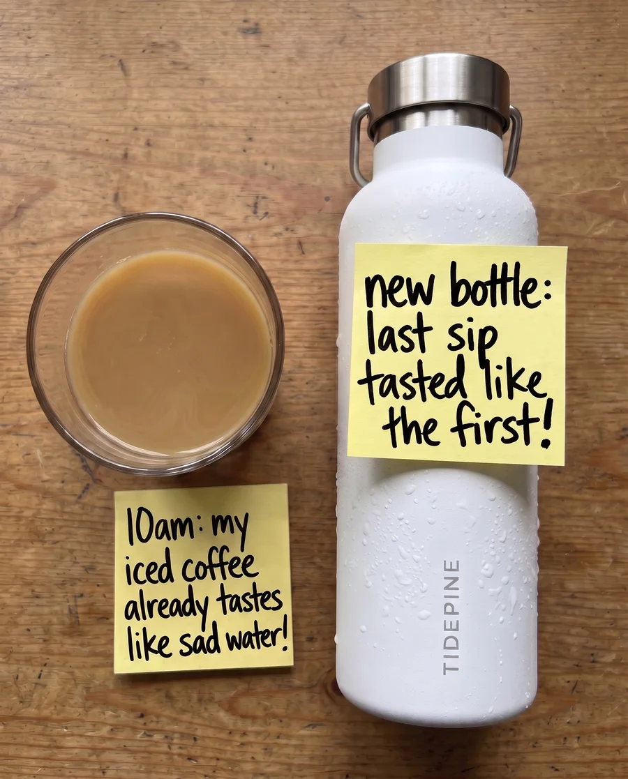 Example handwritten variation: 10am, my iced coffee already tastes like sad water. New bottle: last sip tasted like the first.